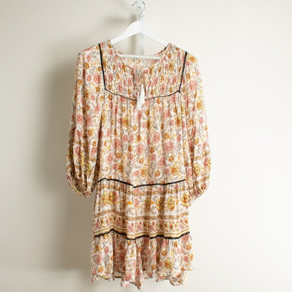 Umgee Floral Print Tiered Dress Long Sleeve‎ Bohemian Women's Medium Pink Yellow